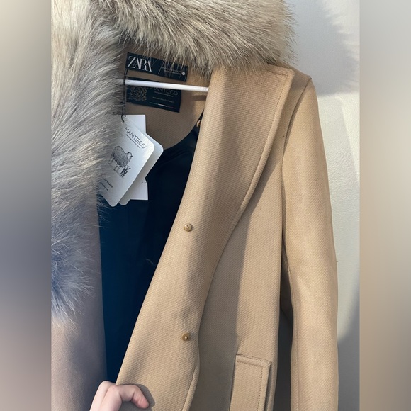Zara coat wool blend 75% long camel belted rope trench fur collar Manteco - Picture 12 of 15